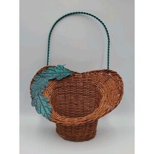 Decorative Hanging Wicker Basket with Green Metal Wire Cottagecore